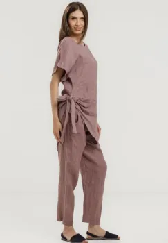 Pantaloni pana din in, cu siret in talie, roz prafuit inchis imagine
