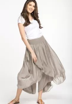 Pantaloni petrecuti din matase naturala bej fango, tip salvari imagine