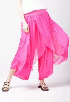 Pantaloni petrecuti din matase naturala fucsia, tip salvari imagine