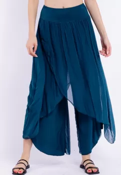 Pantaloni petrecuti din matase naturala turcoaz inchis, tip salvari imagine