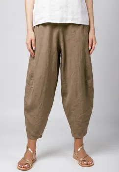 Pantaloni salvari din in cu croi lejer si volumetric, bej inchis imagine