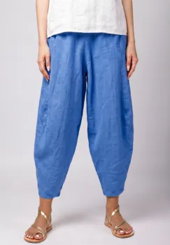 Pantaloni salvari din in cu croi lejer si volumetric, bleu imagine