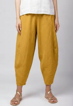 Pantaloni salvari din in cu croi lejer si volumetric, galben mustar imagine