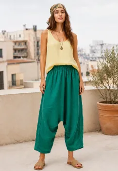 Pantaloni salvari din in cu talie elastica, verde smarald imagine