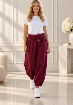 Pantaloni tip balon din catifea raiata cu talie elastica si buzunare, bordo imagine