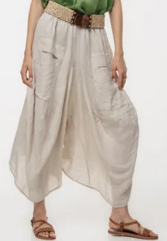 Pantaloni tip salvari din in, croiala asimetrica si buzunare, bej imagine