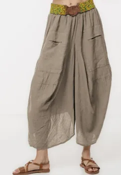 Pantaloni tip salvari din in, croiala asimetrica si buzunare, bej inchis imagine