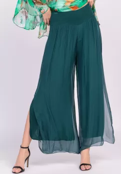 Pantaloni turcoaz inchis din matase naturala cu crapaturi laterale imagine
