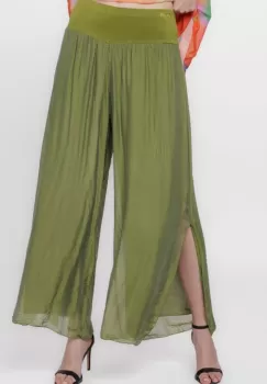 Pantaloni verde olive din matase naturala cu crapaturi laterale imagine