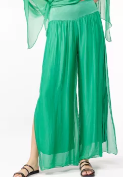 Pantaloni verzi din matase naturala cu crapaturi laterale imagine