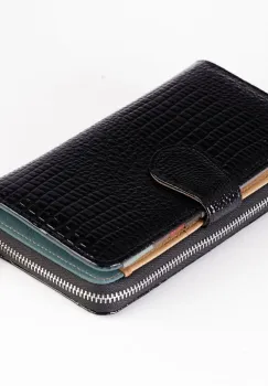Portofel din piele naturala lucioasa, cu aspect piele de sarpe si prindere cu capsa exterioara, negru imagine