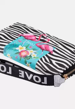 Portofel imprimeu flamingo pe fond alb si negru imagine