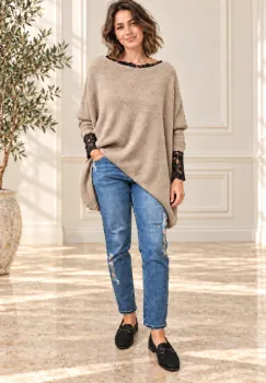 Pulover asimetric, oversize cu maneca cazuta, bej imagine