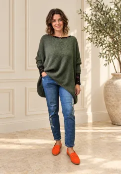 Pulover asimetric, oversize cu maneca cazuta, kaki imagine