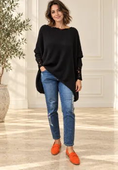 Pulover asimetric, oversize cu maneca cazuta, negru imagine
