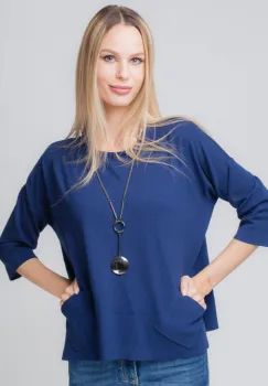 Pulover bleumarin, din vascoza, cu buzunare aplicate imagine