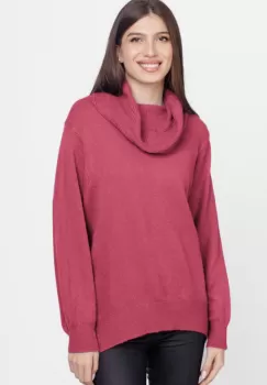 Pulover cu guler inalt elegant, din vascoza si lana, roz inchis imagine