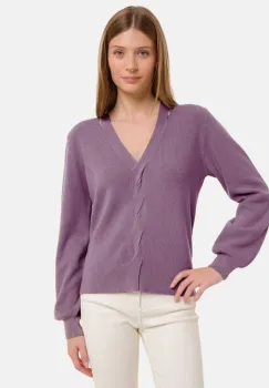 Pulover cu impletitura decorativa si decolteu in V, mov lavanda imagine