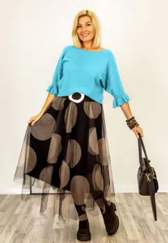 Pulover cu maneci scurte si volane la mansete din vascoza, albastru azur imagine