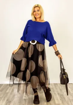 Pulover cu maneci scurte si volane la mansete din vascoza, albastru electric imagine