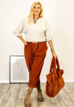 Pulover cu maneci scurte si volane la mansete din vascoza, bej imagine