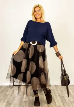 Pulover cu maneci scurte si volane la mansete din vascoza, bleumarin imagine