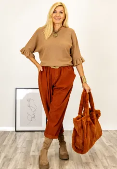 Pulover cu maneci scurte si volane la mansete din vascoza, camel imagine