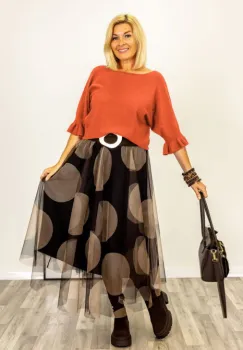 Pulover cu maneci scurte si volane la mansete din vascoza, caramiziu imagine