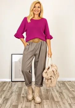Pulover cu maneci scurte si volane la mansete din vascoza, magenta imagine