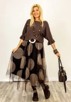 Pulover cu maneci scurte si volane la mansete din vascoza, maro imagine