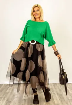 Pulover cu maneci scurte si volane la mansete din vascoza, verde imagine