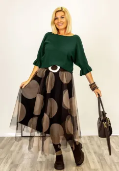 Pulover cu maneci scurte si volane la mansete din vascoza, verde inchis imagine
