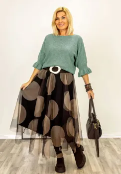 Pulover cu maneci scurte si volane la mansete din vascoza, verde melanj imagine