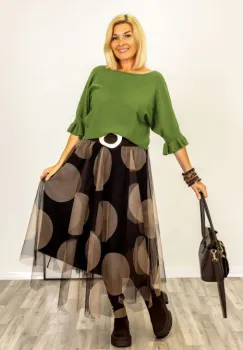 Pulover cu maneci scurte si volane la mansete din vascoza, verde olive imagine