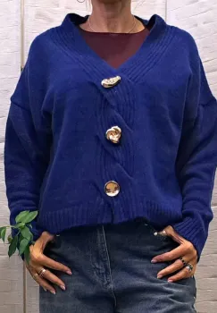 Pulover cu nasturi decorativi impletitura decorativa pe piept si decolteu in V, albastru electric imagine