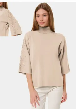 Pulover cu pietricele argintii, cu guler inalt si maneca 3 4, din tricotaj fin, bej imagine