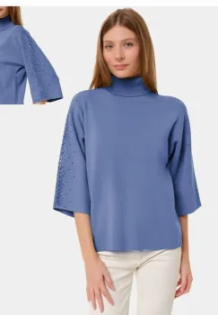 Pulover cu pietricele argintii, cu guler inalt si maneca 3 4, din tricotaj fin, bleu imagine
