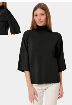 Pulover cu pietricele argintii, cu guler inalt si maneca 3 4, din tricotaj fin, negru imagine