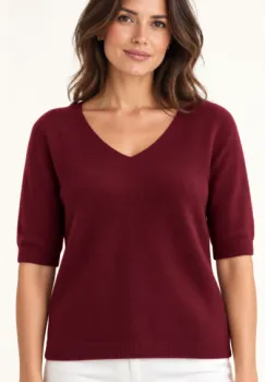 Pulover dama cu maneca scurta raglan si decolteu in V, bordo imagine