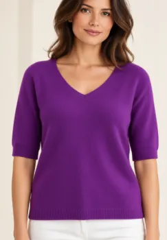 Pulover dama cu maneca scurta raglan si decolteu in V, mov intens imagine