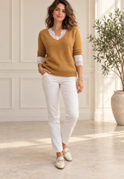 Pulover dama cu maneca scurta raglan si decolteu in V, mustar imagine