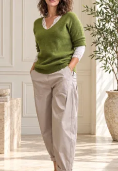 Pulover dama cu maneca scurta raglan si decolteu in V, verde oliv imagine