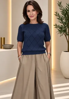 Pulover dama cu maneca scurta si model ajurat geometric, bleumarin imagine