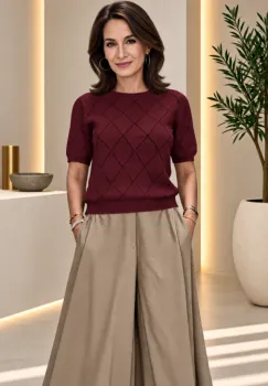 Pulover dama cu maneca scurta si model ajurat geometric, bordo imagine