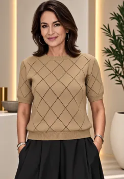 Pulover dama cu maneca scurta si model ajurat geometric, camel imagine