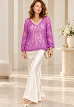 Pulover dantelat cu mohair, cu model ajurat foarte fin  ,   pulover casual chic mov deschis imagine