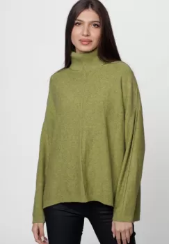 Pulover drept, cu guler inalt, din vascoza si lana, verde imagine