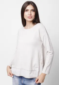 Pulover evazat cu angora, cu insertii laterale brodate, bej deschis imagine