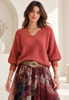 Pulover fin cu alpaca, oversize cu maneca fluture, caramiziu imagine