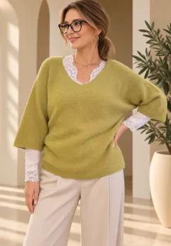 Pulover fin cu alpaca, oversize cu maneca fluture, verde oliv imagine